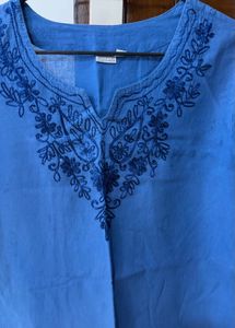 (XS) Blue Embroidered Cotton Kurta
