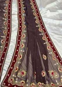 Embroidered Brown Saree with Red Border