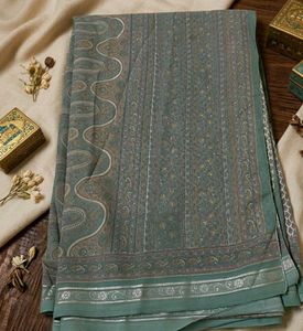 🍀Sage Green Printed Synthetic Saree💚