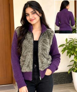 Purple Faux Fur Zip-Up Sweater