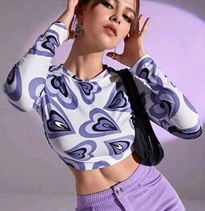 Cute Heart Print Long Sleeve Crop Top