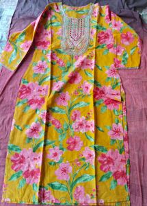 Yellow Floral Print Kurta with Embellished Necklin