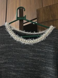 Elegant Grey Dress with White Trim