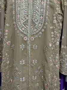 Pakistani beige Embroidered Kurta Set with Dupatta