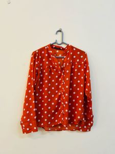 Orange Polka Dot Button-Up Blouse