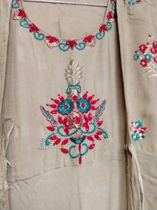 Embroidered Beige Kurta Set
