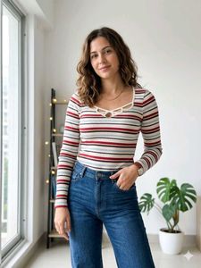 Striped Cut-Out Neck Long Sleeve Top
