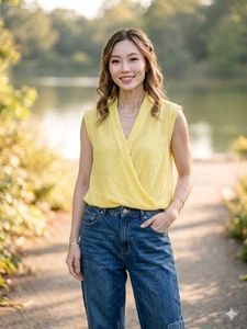 Bright Yellow Sleeveless faux Wrap Top