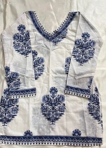 White Kurta with Blue Floral Print
