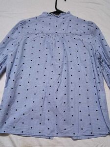 Blue Polka Dot Button-Up Blouse