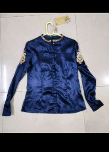 Fusion Party Navy Satin Embroidered Shirt