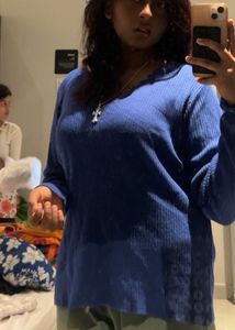 Blue Ribbed V-Neck Top