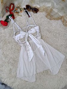 Cute White Babydoll Dress with Bow