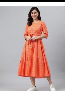 Orange Printed Tiered Midi Dress