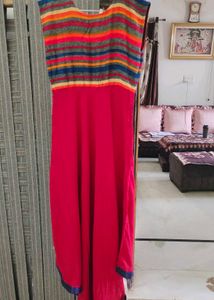 Red Flared Dress with Striped Yoke