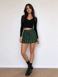 Green Plaid Mini Skirt with Zipper