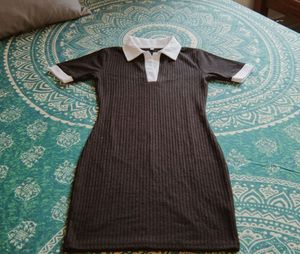 Chic Black Ribbed Polo Dress