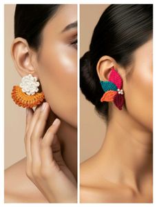 warm floral and leaf Handmade Crochet  Earrings