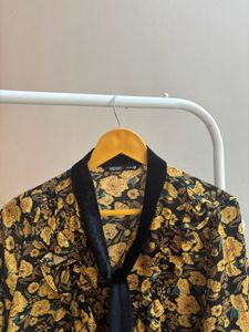Floral Mustard Top with Velvet Neck Tie