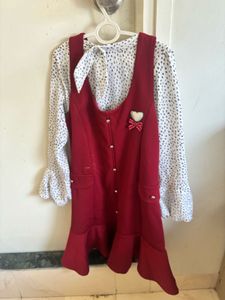 Cute Red  Winter Pinafore Dress with White Top