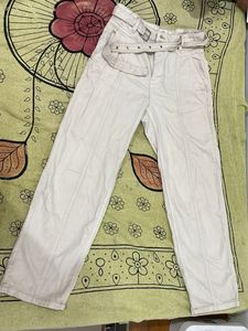 Cream Wide Leg Pants with Belt