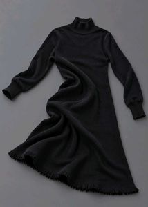 BLACK HIGH NECK LONG SLEEVE FRINGE HEM MIDI DRESS