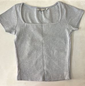 Grey Ribbed Square Neck Top