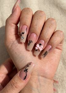 Pink Ombre Square Press-On Nails – Cute Bow &amp; Blac