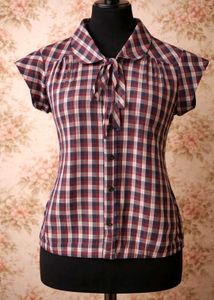 Women's Plaid Short Sleeve Tie Neck Blouse