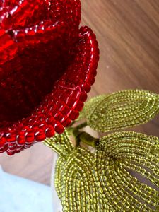 Beaded Red Rose with Leaves