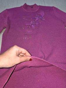 Purple Mock Neck Embroidered Sweater