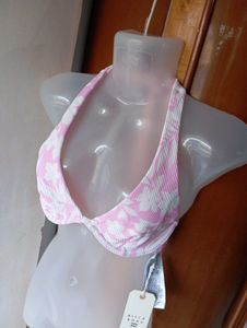 Pink Leaf Print Halter Bikini Top