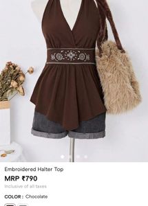 Brown Halter Top with Embroidery