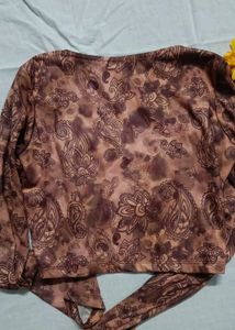 Brown Paisley Print Long Sleeve Crop Top