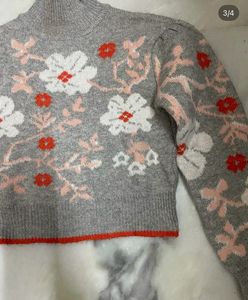Gray Floral Mock Neck Sweater
