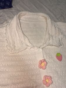 White Textured Crop Top with Flower Details