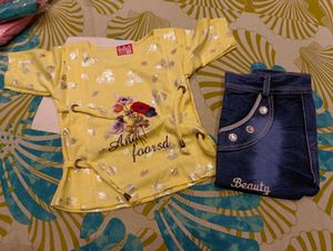 New Cute Yellow Top and Denim Shorts Set