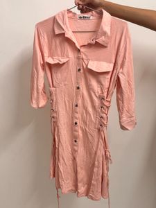 Chic Pink Lace-Up Shirt Dress