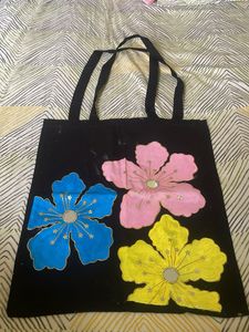 Hand painted Black Tote Bag with Floral Print