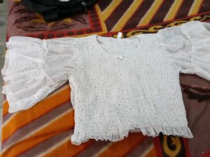 White Textured Puff Sleeve Top