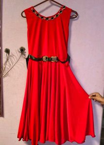 Vibrant Red Party Dress with Embellished Neckline