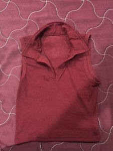 Burgundy Ribbed Sleeveless Collared Top