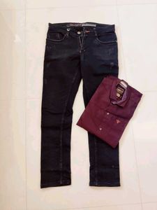 Men's Dark Jeans & Burgundy Shirt Set