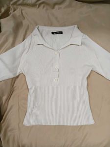 White Ribbed Collared Top with Buttons