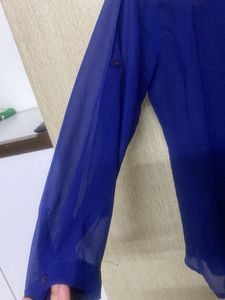 Blue Sheer Button-Up Top with Patterned Yoke