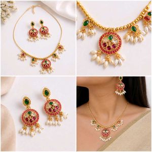 Traditional Gold-Plated Pink &amp; Green Stone Necklac
