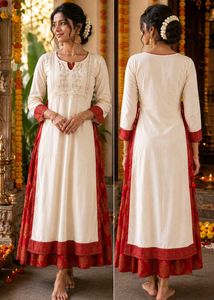 Elegant Cream Kurta with Red joint Skirt