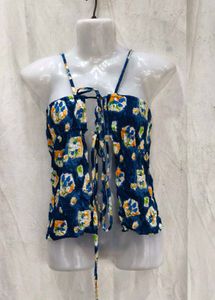 22197. Blue Floral Tie-Front Crop Top