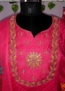 Fuschia Golden Detailing Cotton Suit
