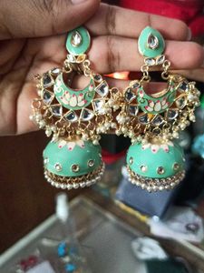 Elegant Mint Green Jhumka Earrings